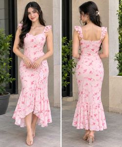 New Pink Floral Ruffle Maxi Dress