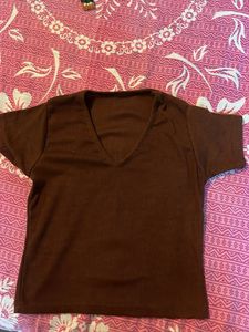 Brown V-Neck Ribbed Crop Top