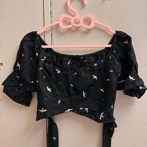Goa Black Bird Print Wrap Crop Top🐦‍⬛