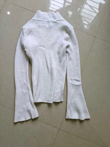 White Ribbed Bell Sleeve Turtleneck Top