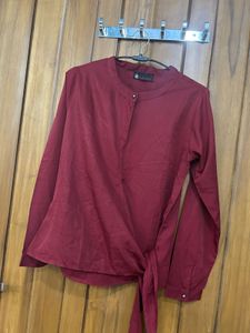 Maroon Tie-Front Satin Top