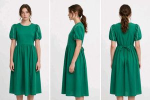 Emerald Green Puff Sleeve Midi Dress