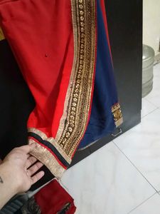Red &amp; Blue Saree with Golden Border