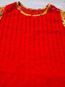 Vibrant Red Kurta with Floral Sleeves