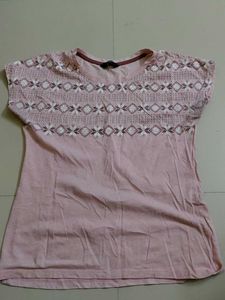 Pink T-Shirt with Embroidered Yoke