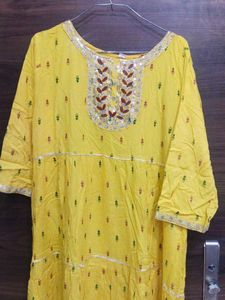 Yellow Embroidered Kurta with Mirror Work