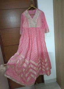 Pink Ethnic Gown With Golden Embroidery 🪷✨