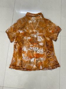 Patterned Button-Up Sheer Shirt