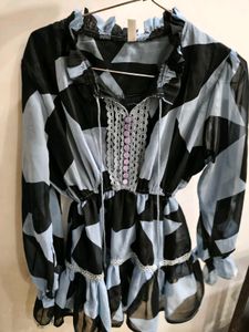 Sheer Geometric Print Ruffle top