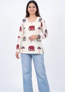 🐘 Modran Elephant & Umbrella Printed Short Kurti