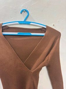 Brown Ribbed V-Neck Wrap Top