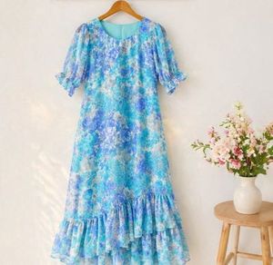 Blue Floral Midi Dress with Ruffles