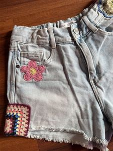 Zara Distressed Denim Shorts with Crochet Patches