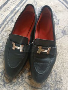 Authentic Hermes Black Leather Loafers with H Buck