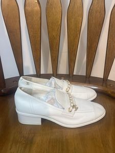 Chanel White Leather Chain Loafers