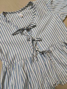 Striped Peplum Blue Tie-Front Top