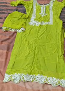 Bright Green Kurta Set with White Embroidery