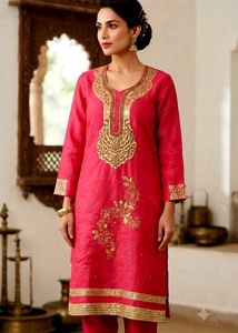 Elegant Pink Kurta Set with Golden Embroidery