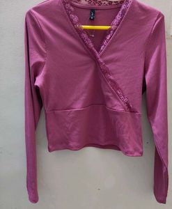 Pink Ribbed Lace Trim Wrap Top