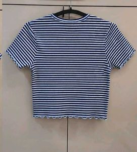Blue &amp; White Striped Cropped T-Shirt