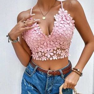Pink Lace Floral Crop Top