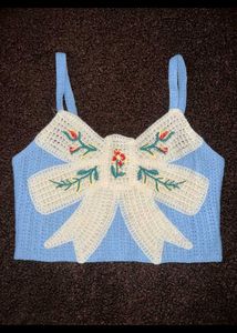 Handmade Crocheted Blue Bow Top