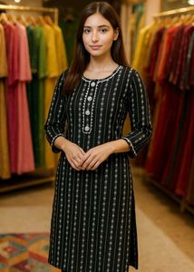 Black &amp; White Striped Kurti Set