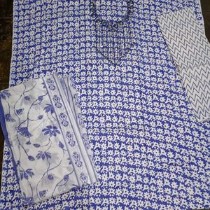 Blue &amp; White Floral Kurta with Sequins