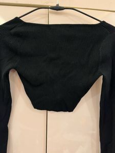 Black Ribbed Twist Front Long Sleeve Top