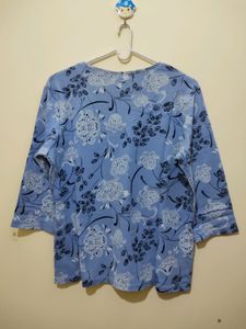 Karen Scott Blue Top With Black White Floral Print