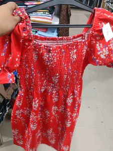 Red Floral Smocked Puff Sleeve Top