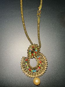 Golden necklace with Maang Tikka &amp; Earrings Set