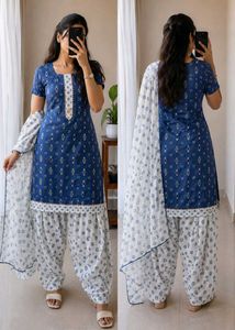 Blue Printed Kurta Patiala & Dupatta Set | Women’s