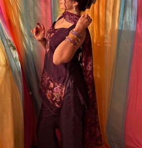 stitched purple floral kurta and bell bottom set