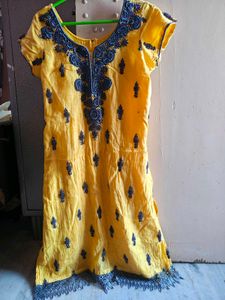 Yellow Kurta with Dark Blue beads Embroidery