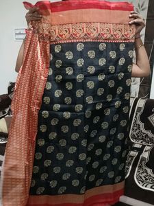 Poly Silk Black Saree With Red Corner