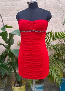 Sparkling Ruched Strapless Red Dress