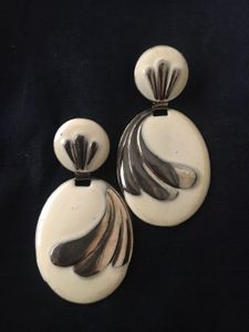 Vintage Brass and cream enamel dangle Earrings