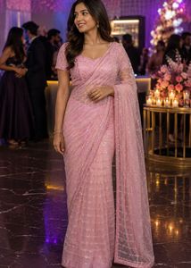 🔥SALE🔥Elegant Pink Sequin Saree with padded