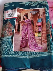 Elegant Teal & Purple Printed Saree with Blouse