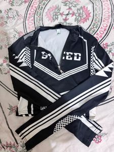 Black Contrast Printed Half Zipper Top