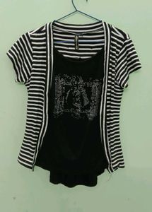 Black & White Striped Cardigan Top with Embellishm