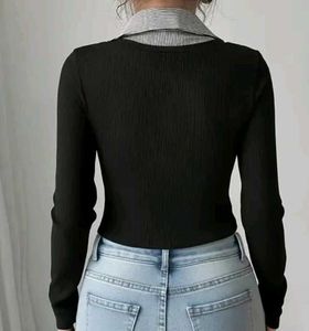 Stylish Black V-Neck Long Sleeve Top