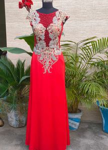 red embroidered gown