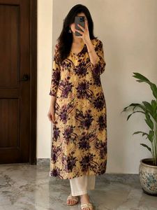 ✨ Elegant Floral Women's Kurti | Beige & Purple