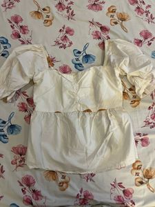White Puff Sleeve Ruched Square Neck Top