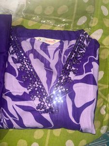 Purple &amp; White Printed Kurta Set with Dupatta