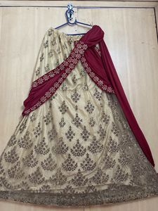 Cream And Mahroon Designer Lehanga