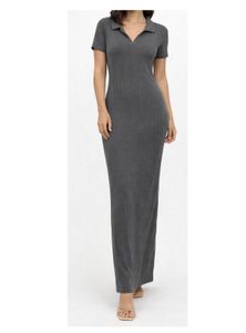 Chic Gray Ribbed Knit Bodycon Maxi Dress
