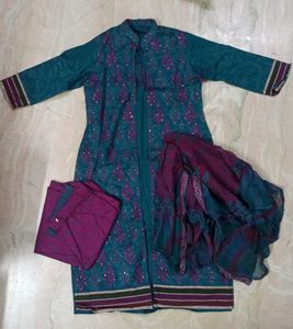 Embroidered Kurta Shrug With Pants & Dupatta